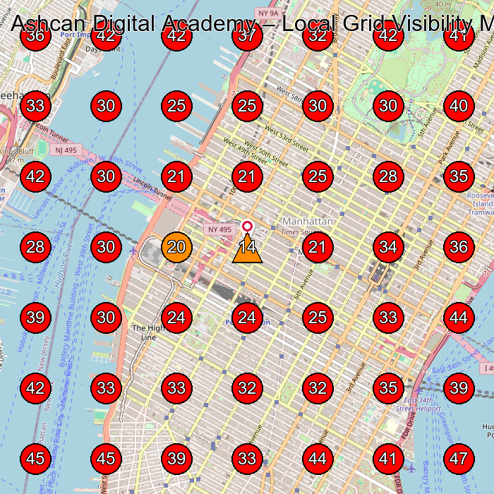 Ashcan Digital Academy GeoGrid visibility map for Dance School in New York